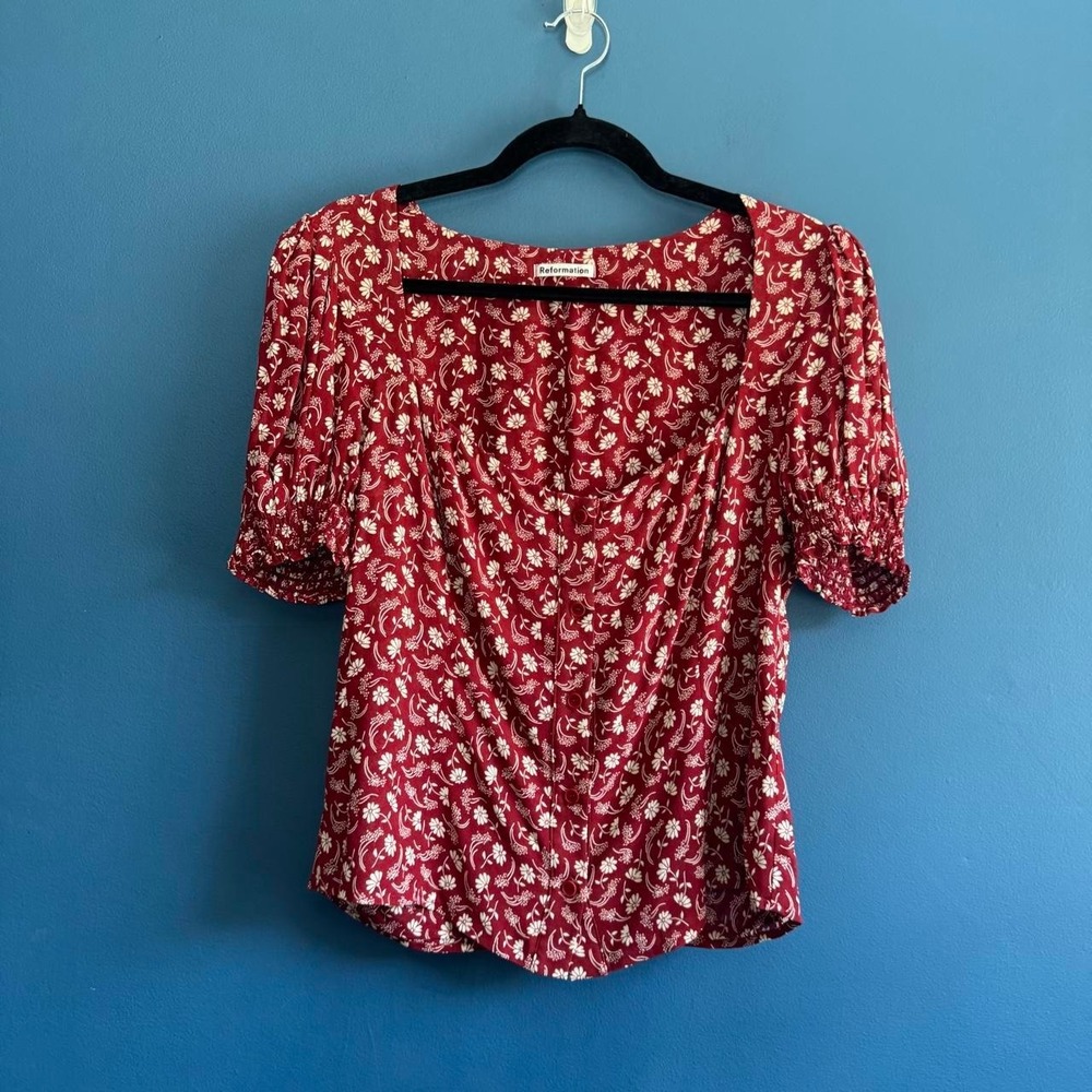 Reformation Red Floral Blouse Women's Size 8 Square Neck Puff Sleeves Cottage - Picture 2 of 8